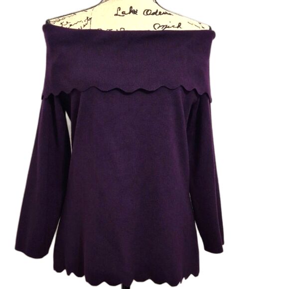 Cable & Gauge Sweater M Off Shoulder Wide Collar Scallop Edge Purple Knit - Picture 6 of 8
